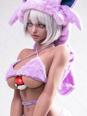 F5936-155Mcm(5.1ft)-38kg 2.2cf E Cup Cartoon Sex Doll in Purple Plush Cat Costume – Realistic Silicone Anime Catgirl Doll for Adults｜Bezlya Doll