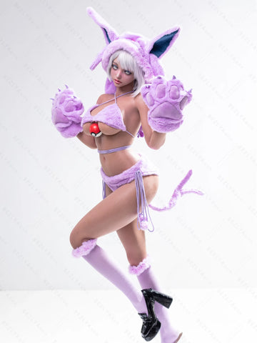 F5936-155Mcm(5.1ft)-38kg 2.2cf E Cup Cartoon Sex Doll in Purple Plush Cat Costume – Realistic Silicone Anime Catgirl Doll for Adults｜Bezlya Doll