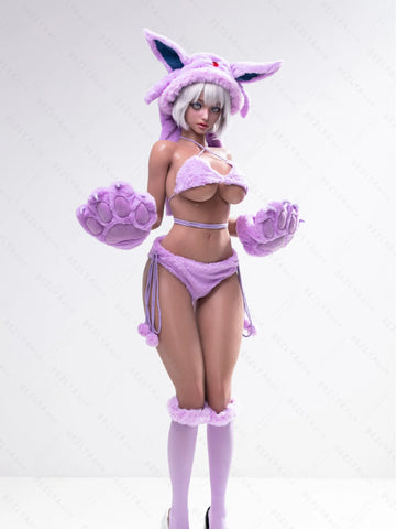 F5936-155Mcm(5.1ft)-38kg 2.2cf E Cup Cartoon Sex Doll in Purple Plush Cat Costume – Realistic Silicone Anime Catgirl Doll for Adults｜Bezlya Doll