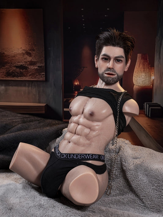 T729-33lbs Silicone Male Sex Doll Torso with Hair Implanted Head & 6.7" Dildo | Yeloly