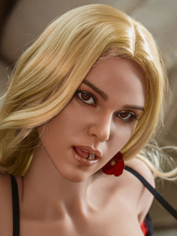 Close-up of a TPE sex doll head designed for oral sex.