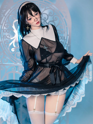 F7152-168cm(5.6ft)-42.5kg 2.2u E Cup Japanese Cosplay Sex Doll Naughty Nun Style With Glasses Realistic Silicone Body With 3 Love Holes｜Bezlya Doll