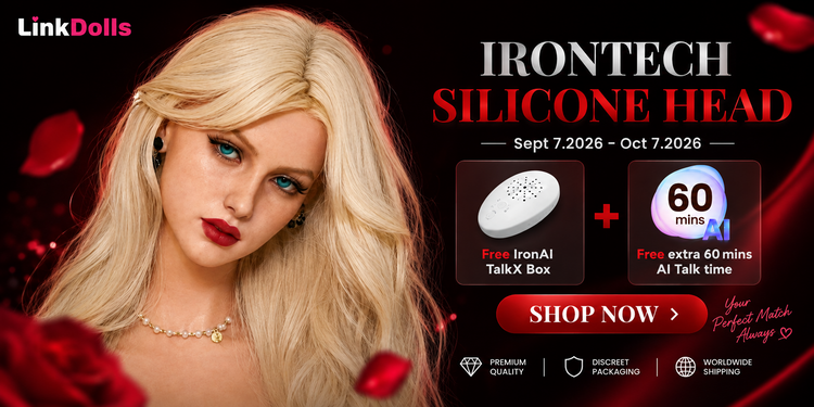 Linkdolls Irontech silicone head promotion featuring a blonde silicone doll head, free IronAI TalkX Box, and 60 extra minutes of AI talk time, presented in a premium red and black promotional design.